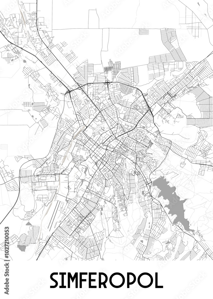 Obraz premium A detailed black and white map of Simferopol, a city in Ukraine. The map showcases the city's street network, including major roads and smaller streets. A winding river flows through the city