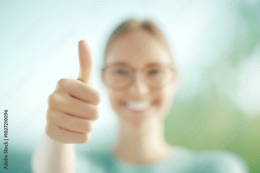 A cheerful woman gives a thumbs up, symbolizing positivity and success. Ideal for uplifting content and motivational themes. A cheerful woman gives a thumbs up, symbolizing positivity and success. Ideal for uplifting content and motivational themes.
