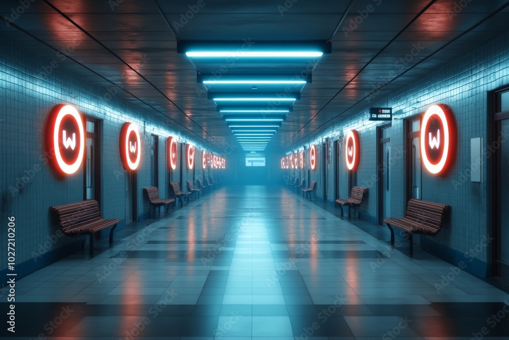 A sleek subway station corridor illuminated with vibrant neon lights, embodying a futuristic urban environment and the concept of modern transit. A sleek subway station corridor illuminated with vibrant neon lights, embodying a futuristic urban environment and the concept of modern transit.
