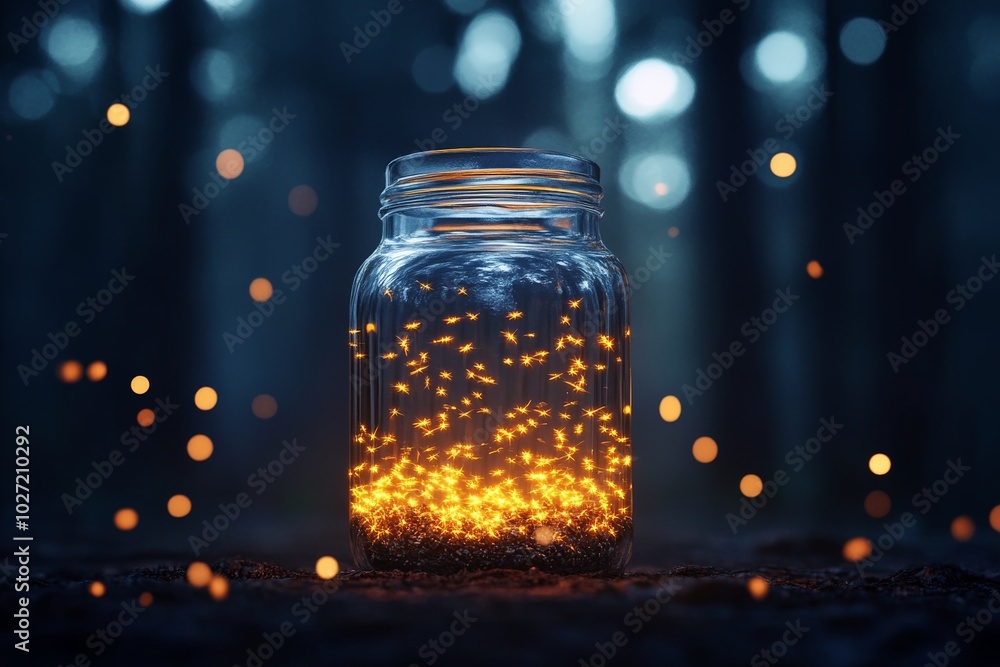A mason jar filled with glowing fireflies in a dark forest, creating an enchanting and magical scene with soft yellow lights contrasting the night surroundings. A mason jar filled with glowing fireflies in a dark forest, creating an enchanting and magical scene with soft yellow lights contrasting the night surroundings.