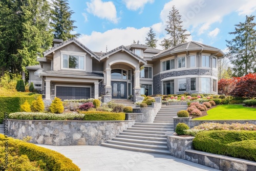 Luxury home exterior showing stonework and landscaping on a sunny day