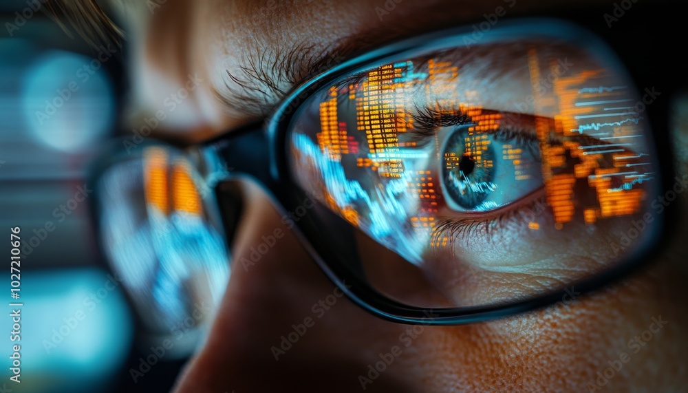 Close-up of a person's eye with data reflecting in their glasses. Close-up of a person's eye with data reflecting in their glasses.
