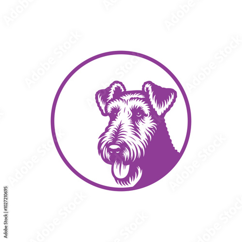 Airedale Terrier head logo, cute puppy, cute dog head logo with slogan, Text, on white background, shield logo, Cute head logo of Dog