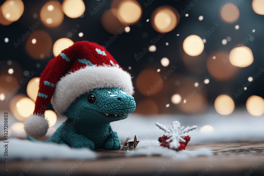 A charming little dinosaur dons a festive Santa hat amidst falling snow, capturing a whimsical blend of prehistoric fantasy and holiday cheer in this enchanting scene. A charming little dinosaur dons a festive Santa hat amidst falling snow, capturing a whimsical blend of prehistoric fantasy and holiday cheer in this enchanting scene.