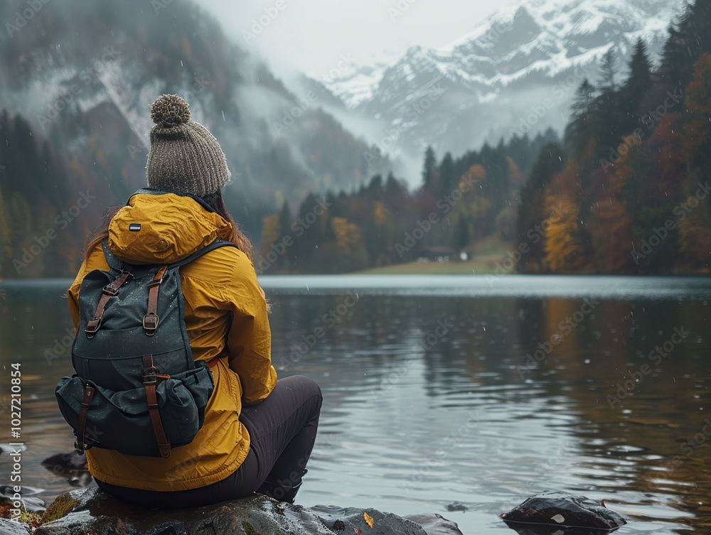 Woman Sitting by a Lake in the Mountains on a Rainy Day Woman Sitting by a Lake in the Mountains on a Rainy Day