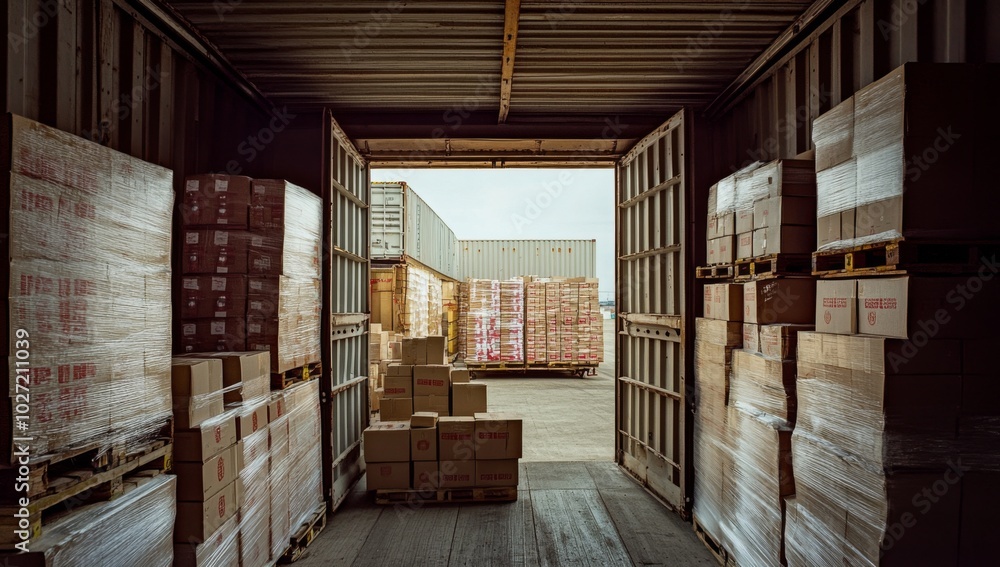 An open shipping container with stacked boxes and a view of a warehouse full of containers. An open shipping container with stacked boxes and a view of a warehouse full of containers.