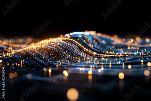 An intricate web of glowing circuits forms a wave-like pattern representing the seamless flow of digital information, capturing the essence of modern technology. photo