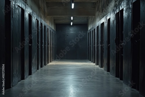 Dark and scary prison corridor with metal doors