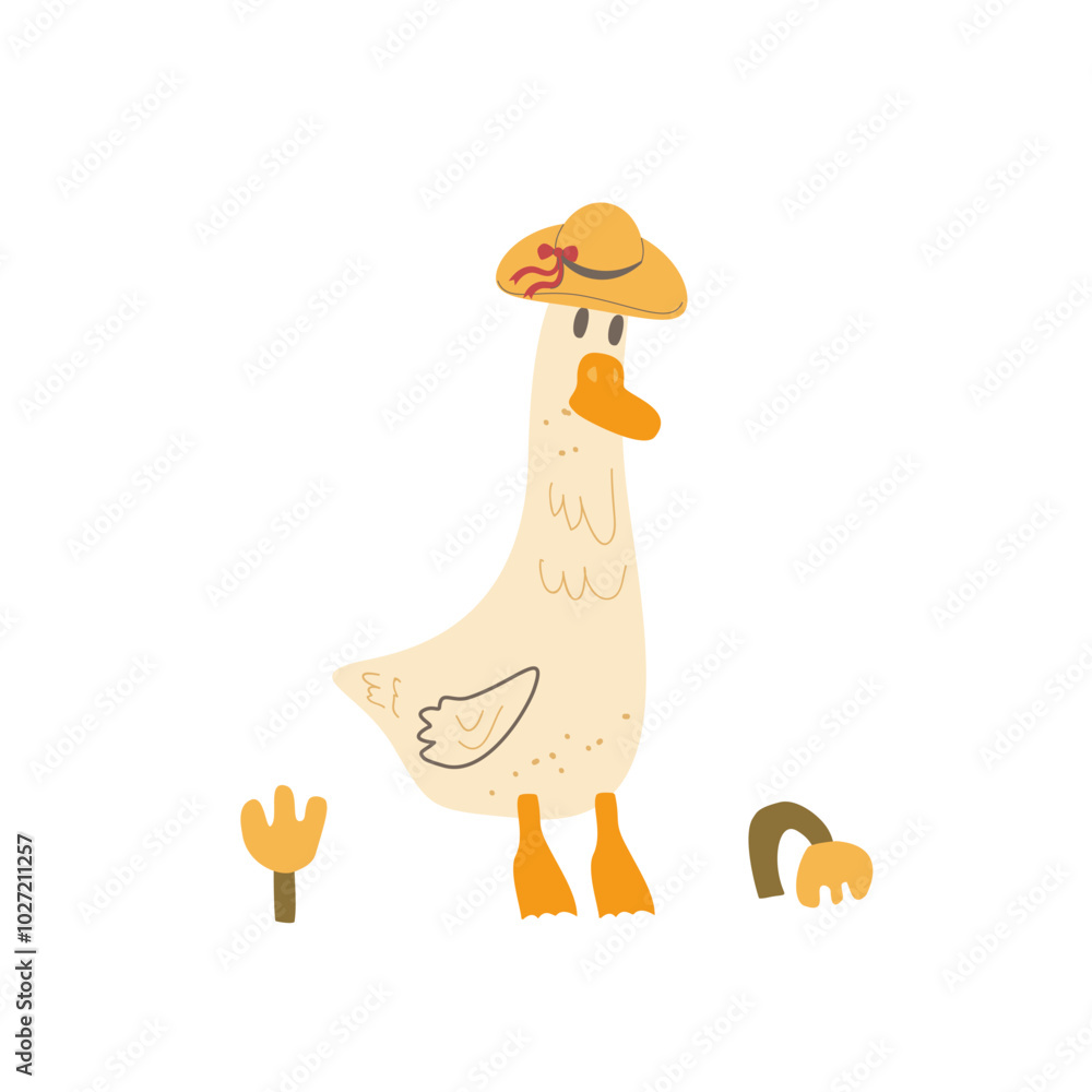 Goose in hat isolated on white background. Poultry character. Vector hand drawn flat illustration Goose in hat isolated on white background. Poultry character. Vector hand drawn flat illustration