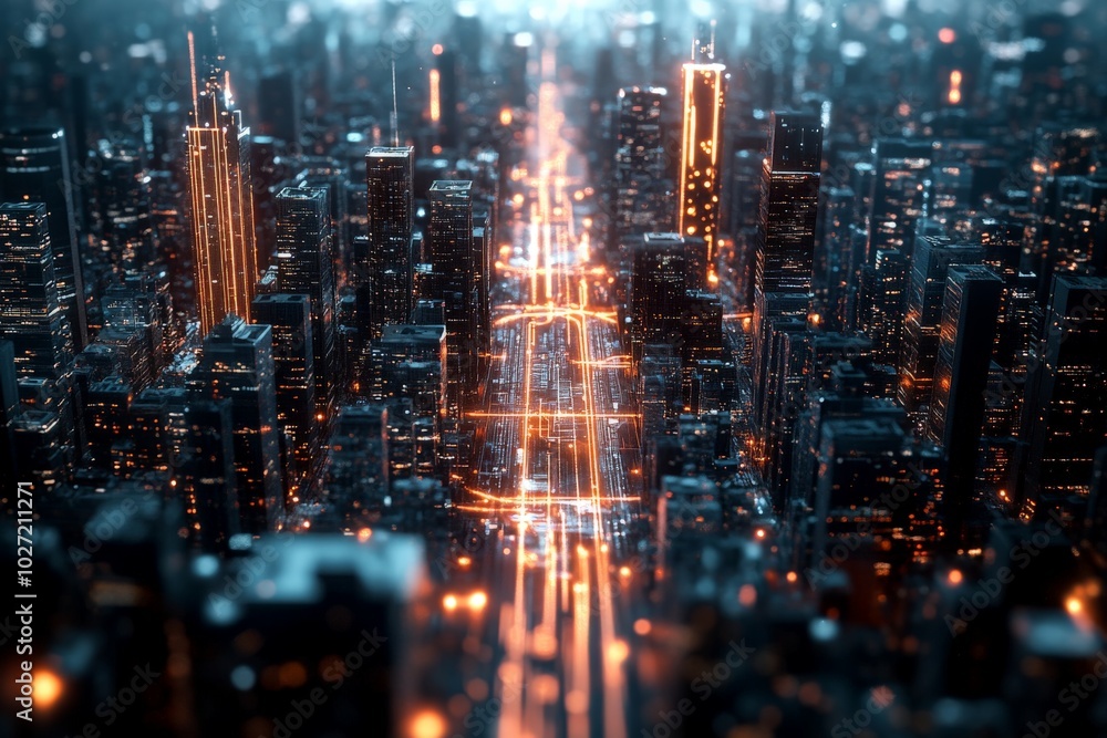 An aerial view of a city at night, with vibrant street lighting and glowing skyscrapers, creating a dynamic and bustling urban ambiance filled with energy. An aerial view of a city at night, with vibrant street lighting and glowing skyscrapers, creating a dynamic and bustling urban ambiance filled with energy.