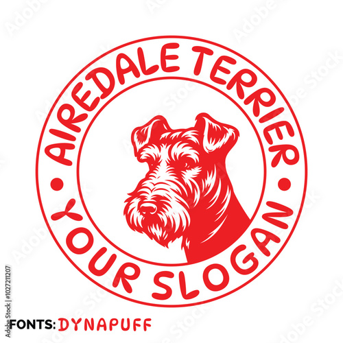 Airedale Terrier head logo, cute puppy, cute dog head logo with slogan, Text, on white background, shield logo, Cute head logo of Dog