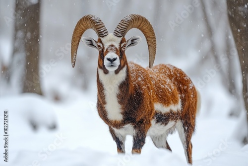 Mouflon standing in the snow covered forest photo