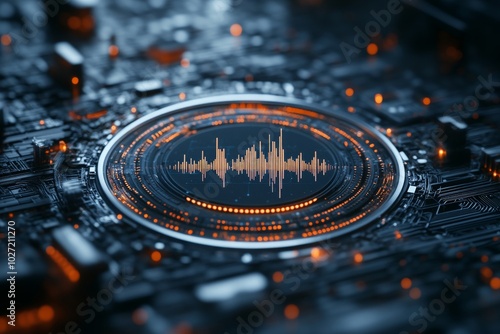 A digital visualization of sound waves is displayed on a circuit board, symbolizing the fusion of technology and creativity in a futuristic setting. photo