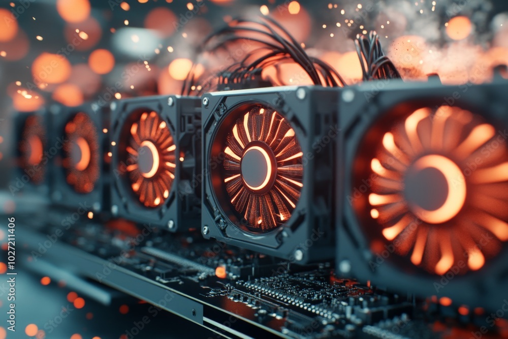 Obraz premium A row of high-tech GPU units emitting a fiery glow represents the cutting-edge of computing power and data processing, emphasizing efficiency and innovation.