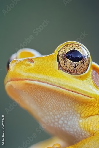 Yellow frog posing with chin up and mouth closed photo