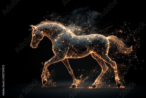 A futuristic horse composed of luminous energy lines appears dynamic and powerful, racing across a dark void embodying speed, elegance, and innovation. photo