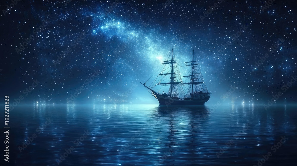 fantasy, beautiful starry night, ship floating on a very still, open sea fantasy, beautiful starry night, ship floating on a very still, open sea