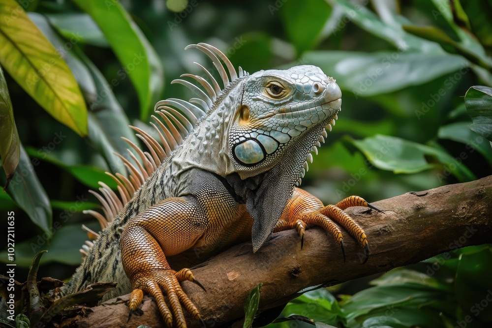 Green iguana resting on branch in tropical forest Green iguana resting on branch in tropical forest