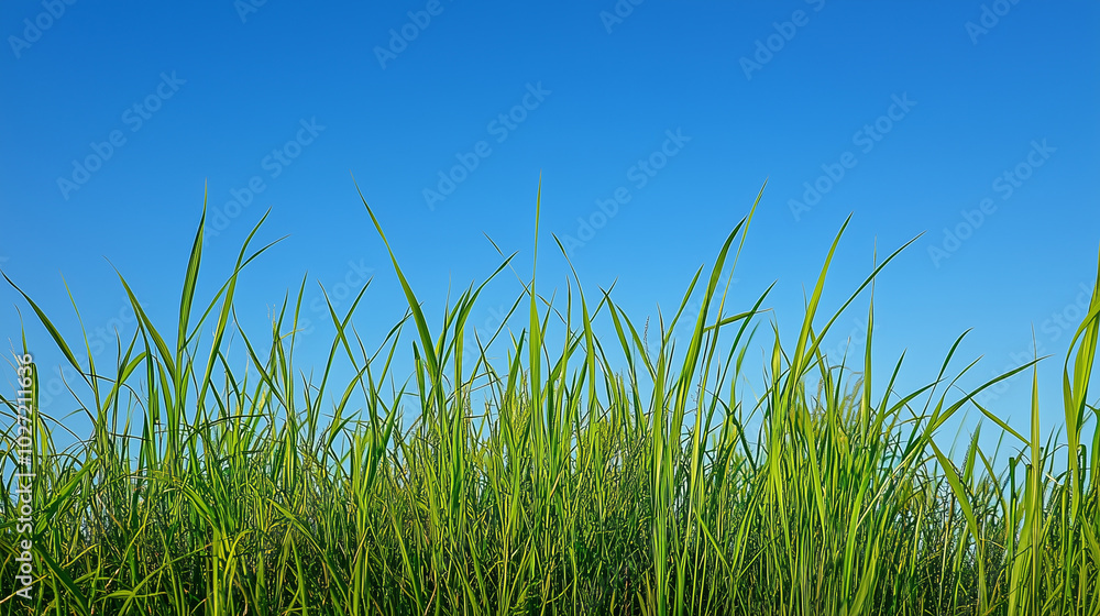 Fototapeta premium Rozległa łąka pokryta świeżą, zieloną trawą rozciąga się pod błękitnym, bezchmurnym niebem. 