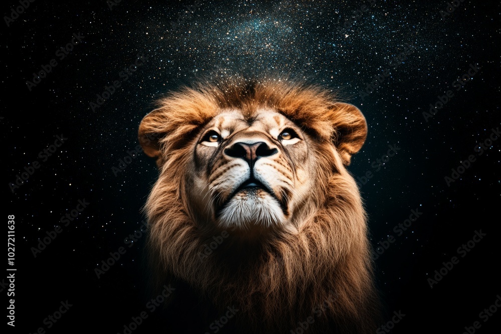 Fototapeta premium A powerful lion gazing upward towards a stunning starry cosmic background, conveying themes of majesty, strength, and the endless awe of the natural and cosmic worlds.