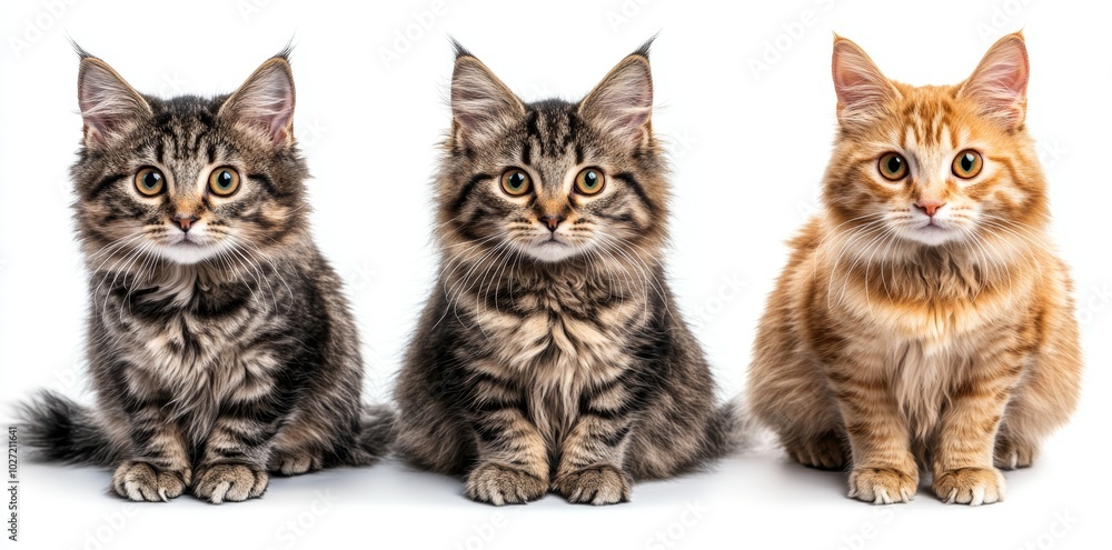 Three kittens, two tabby and one ginger, sitting in a row on white background. Three kittens, two tabby and one ginger, sitting in a row on white background.