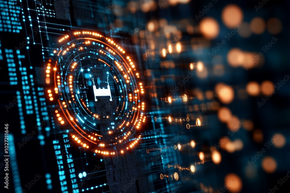 Obraz premium A digital matrix features a glowing circular interface, illustrating themes of data processing and cybernetic connectivity in a technological landscape.