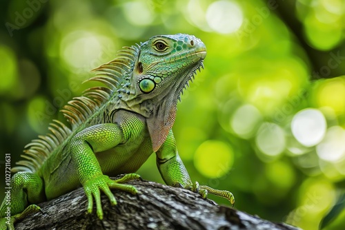 Green iguana posing on a tree branch in tropical forest