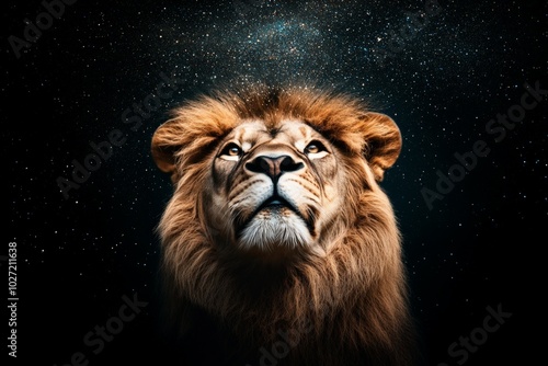 A powerful lion gazing upward towards a stunning starry cosmic background, conveying themes of majesty, strength, and the endless awe of the natural and cosmic worlds. photo