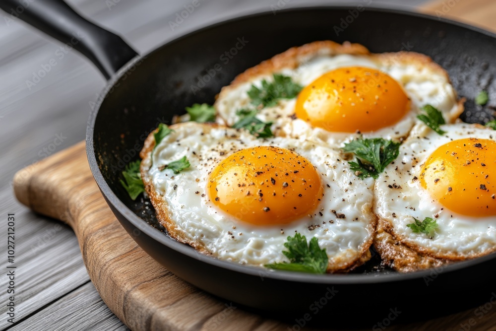 Three perfectly cooked sunny-side-up eggs with golden yolks nestle in a black cast iron skillet, garnished with herbs, epitomizing a classic breakfast staple. Three perfectly cooked sunny-side-up eggs with golden yolks nestle in a black cast iron skillet, garnished with herbs, epitomizing a classic breakfast staple.