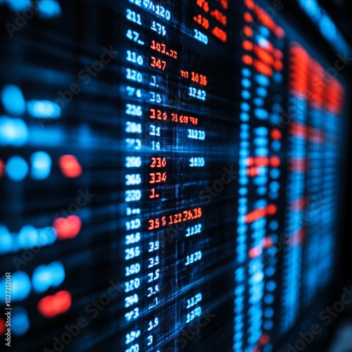 Close-up of a stock market ticker with numbers and data in red and blue.