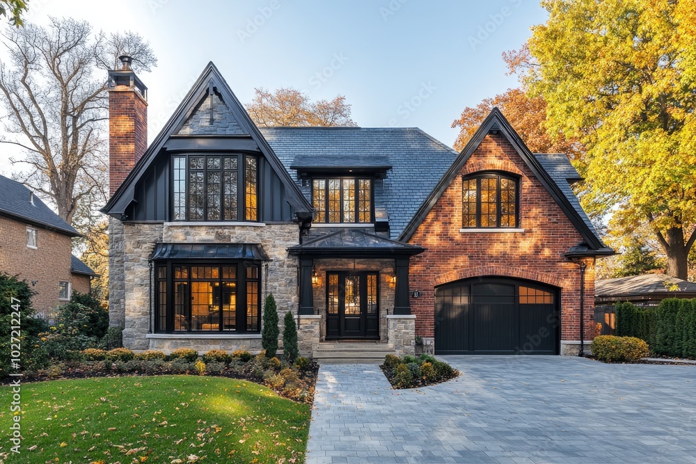 Luxury brick home exterior with slate roof and landscaping on a sunny day Luxury brick home exterior with slate roof and landscaping on a sunny day