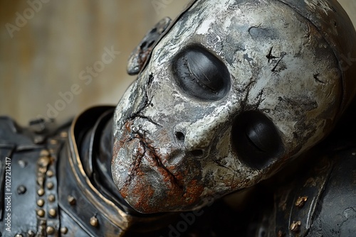 Close-up of a weathered, decayed, and skeleton-like face. The figure is wearing a metal breastplate with gold accents.