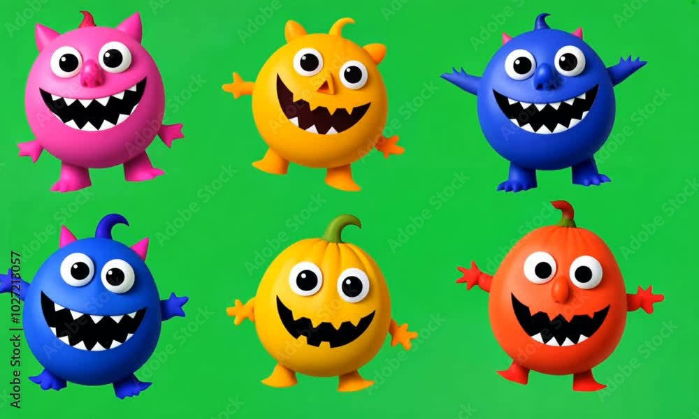 Five colorful cartoon monsters with big smiles and googly eyes against a green background. Five colorful cartoon monsters with big smiles and googly eyes against a green background.