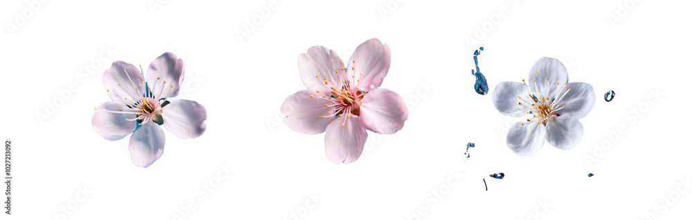 Three images of pink flowers with blue background. Three images of pink flowers with blue background.