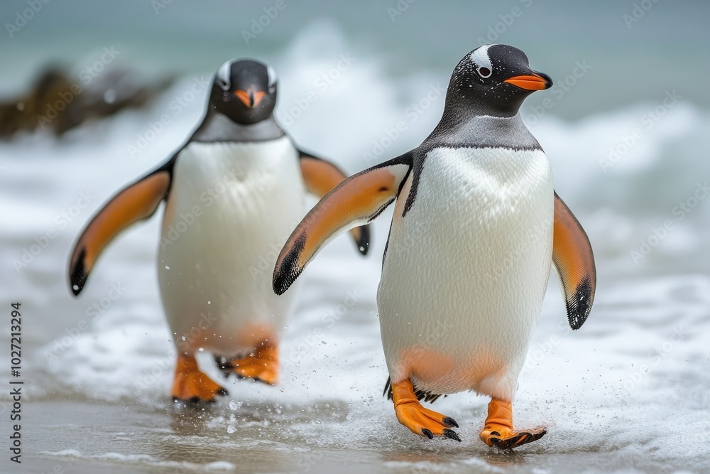 Fototapeta premium Two gentoo penguins walking on the beach
