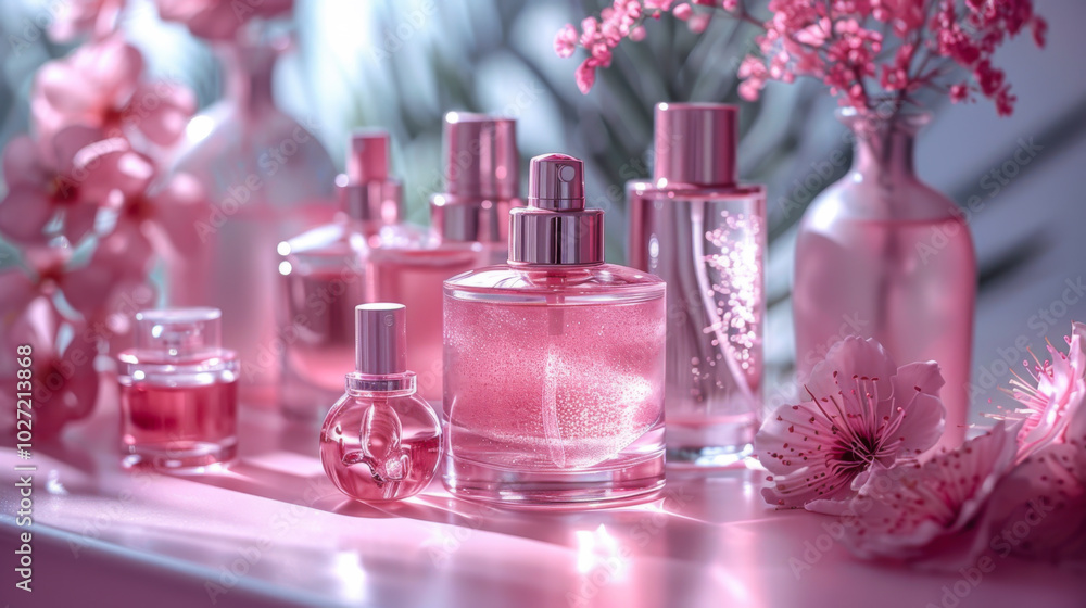 Soft pink perfume bottles arranged with floral accents in a bright, serene setting Soft pink perfume bottles arranged with floral accents in a bright, serene setting