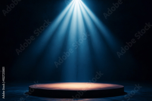 A dramatic spotlight illuminates a stage, creating a stunning atmosphere for performances or presentations. photo