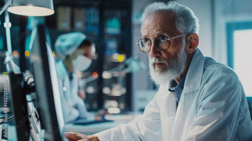 Elderly scientist working intently at a computer in a laboratory filled with equipment during nighttime Elderly scientist working intently at a computer in a laboratory filled with equipment during nighttime