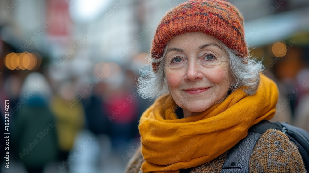 Woman wearing a hat and scarf is smiling at the camera. Adorable senior woman with winter clothes smiling on camera with christmas market in background and blurred people Woman wearing a hat and scarf is smiling at the camera. Adorable senior woman with winter clothes smiling on camera with christmas market in background and blurred people