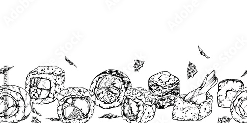 Traditional Japanese food, california philadelphia alaska sushi rolls with raw fish salmon unagi tuna shrimp, hand drawn in vector pen and ink. Seamless banner for restaurant, cafe menu, recipe book