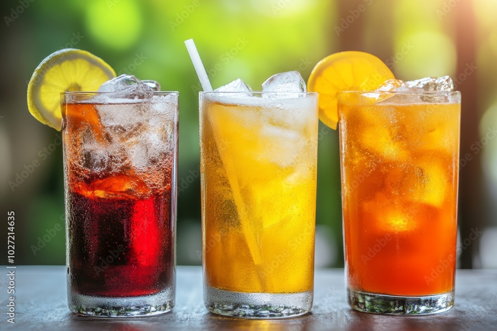 Three refreshing summer drinks with ice and garnishes on a table outdoors. Three refreshing summer drinks with ice and garnishes on a table outdoors.