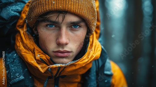 Man wearing yellow hat, orange jacket is standing in snow. He has a beard and blue eyes. hiker looking at the camera injured, forest background, cold lighting on one side warm lighting on the other,