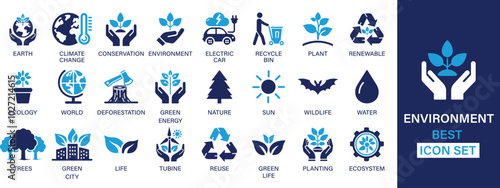 Environment best solid icon set collection. Earth, climate change, conversation, electric car, recycle bin, plant, renewable, ecology, deforestation and vector illustration.