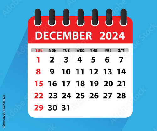 December 2024 Calendar Leaf. Calendar 2024 in flat style. December 2024 Calendar. Week starts on Sunday. Blank Calendar Template. Stationery Design. Vector Illustration