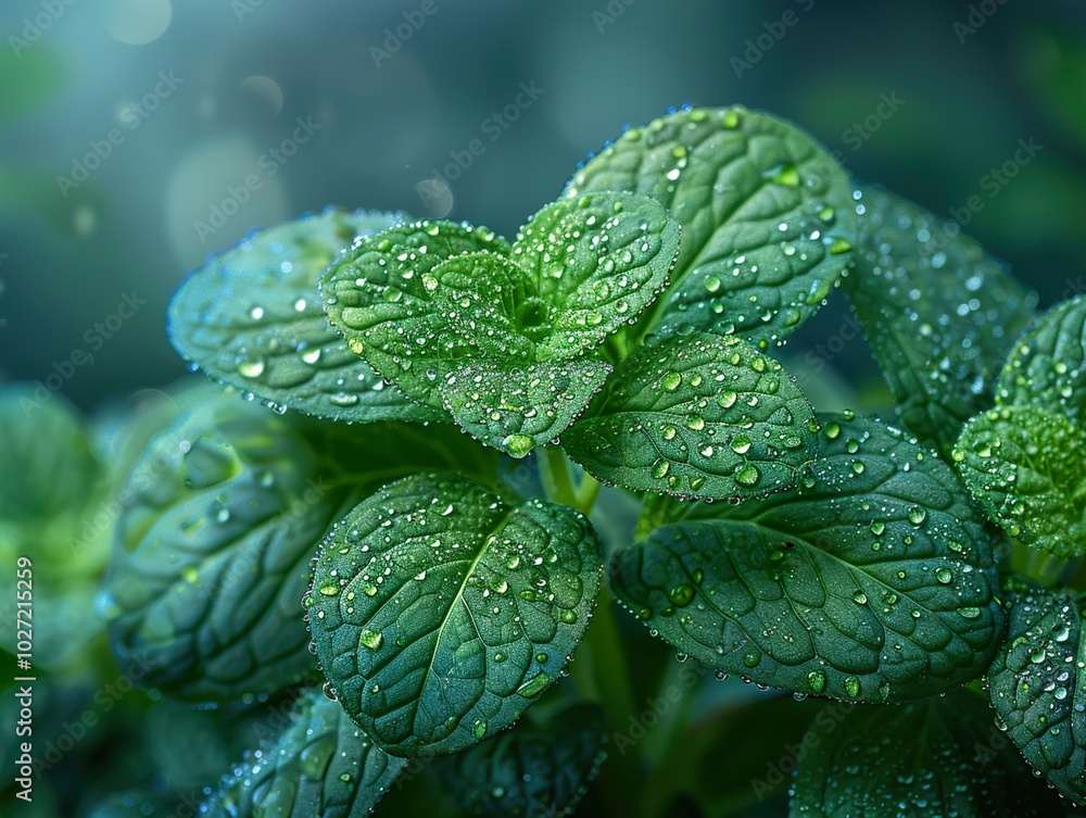 Close-Up of Fresh Mint Leaves with Dew Drops Close-Up of Fresh Mint Leaves with Dew Drops