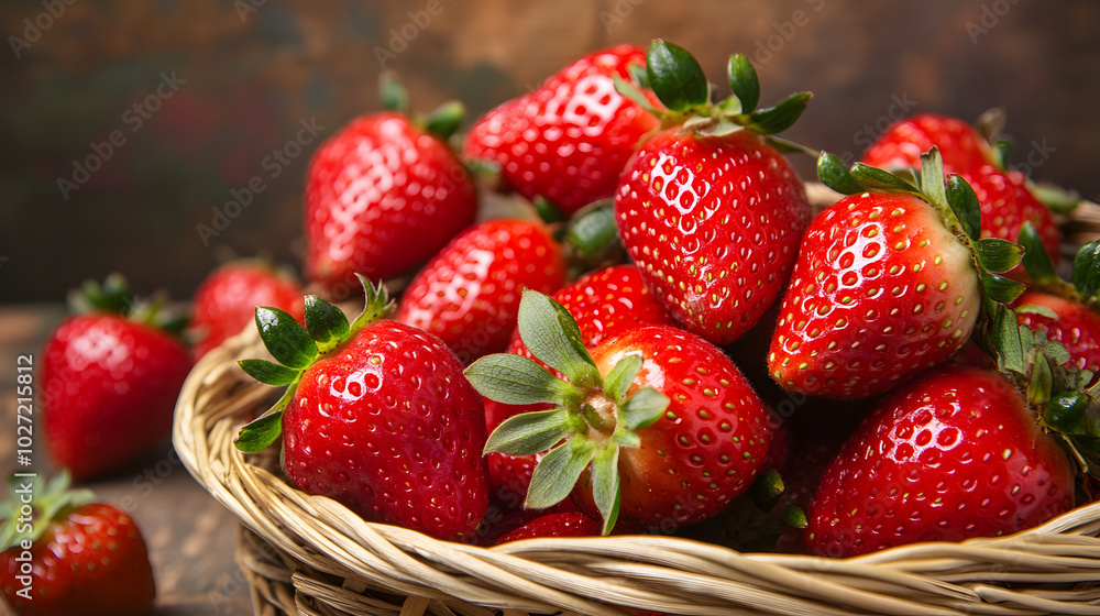 Fresh Red Strawberries in Wicker Basket Summer Fruit Healthy Snack Organic Produce Fresh Red Strawberries in Wicker Basket Summer Fruit Healthy Snack Organic Produce