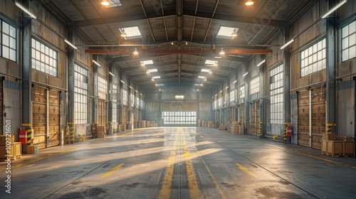 Abandoned industrial warehouse interior with bright light.