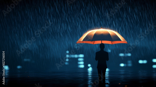 A lonely figure stands under an orange umbrella, surrounded by falling rain in a nighttime urban setting, creating a serene atmosphere. photo