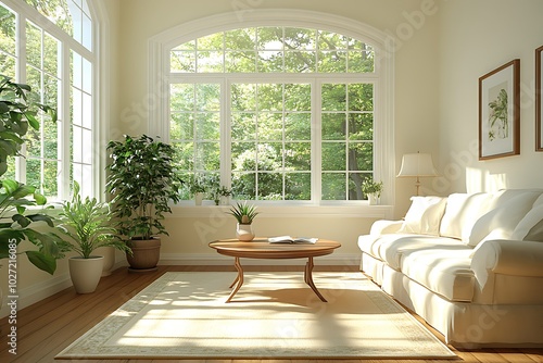 Bright living room with plants and large windows.