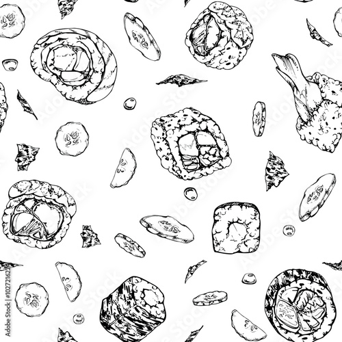 Traditional Japanese food, california philadelphia alaska sushi rolls with raw fish salmon unagi tuna shrimp, hand drawn in vector pen and ink. Seamless pattern for restaurant, cafe menu, recipe book